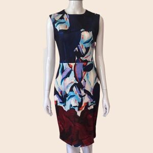 Yigal Azourel Navy & Red Artistic Print Midi Scuba Dress Size 8